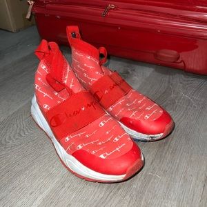 Red Champion Rally Script high top sock shoes